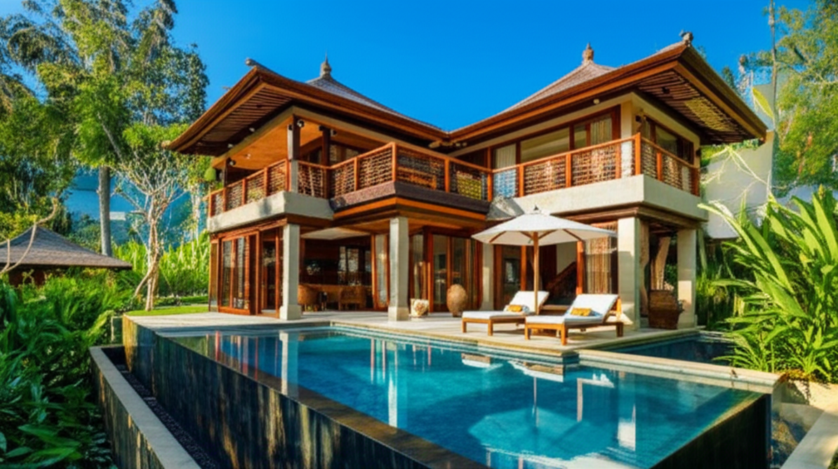 A luxurious Bali villa showcasing expert construction, set against a backdrop of vibrant tropical foliage and a glistening infinity pool, embodying a dream home in paradise.