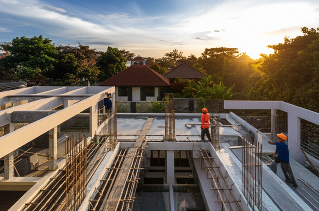 High-angle view of a modern luxury villa construction site in Bali during sunset, showing a clean, organized workspace with workers performing quality control checks, blending contemporary design with traditional Balinese architectural hints and lush tropical surroundings.