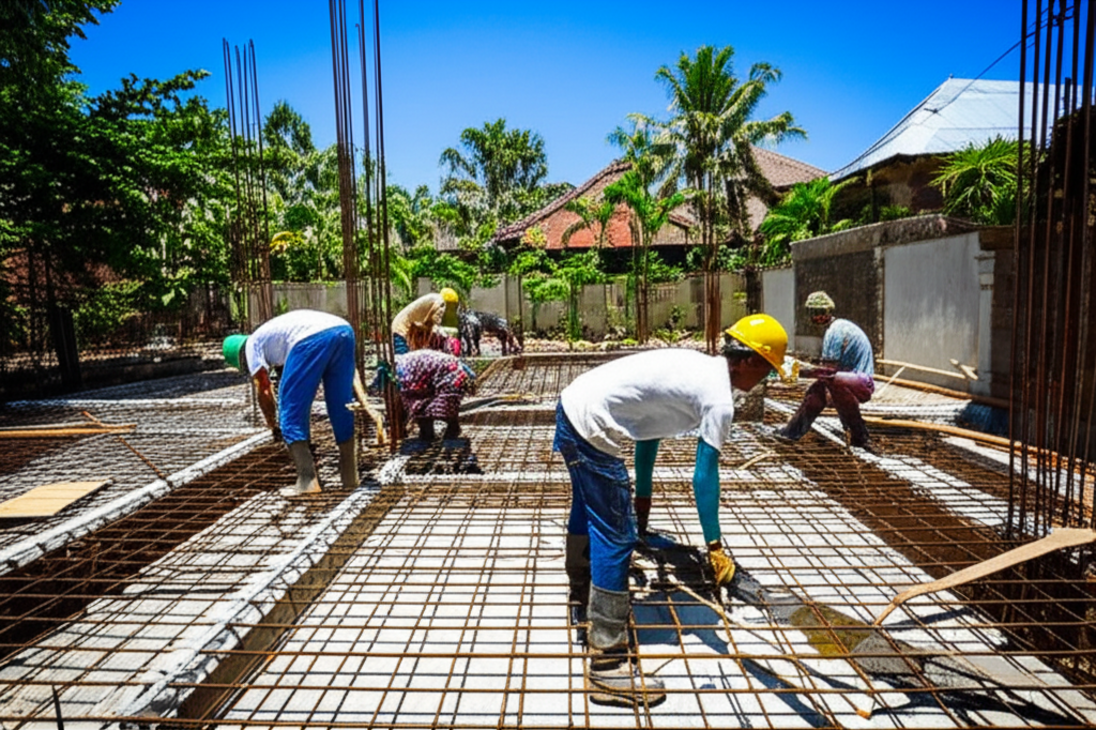 Professional construction workers installing a strong concrete foundation for a building in Bali, surrounded by tropical greenery and blue skies, emphasizing expert foundation work.