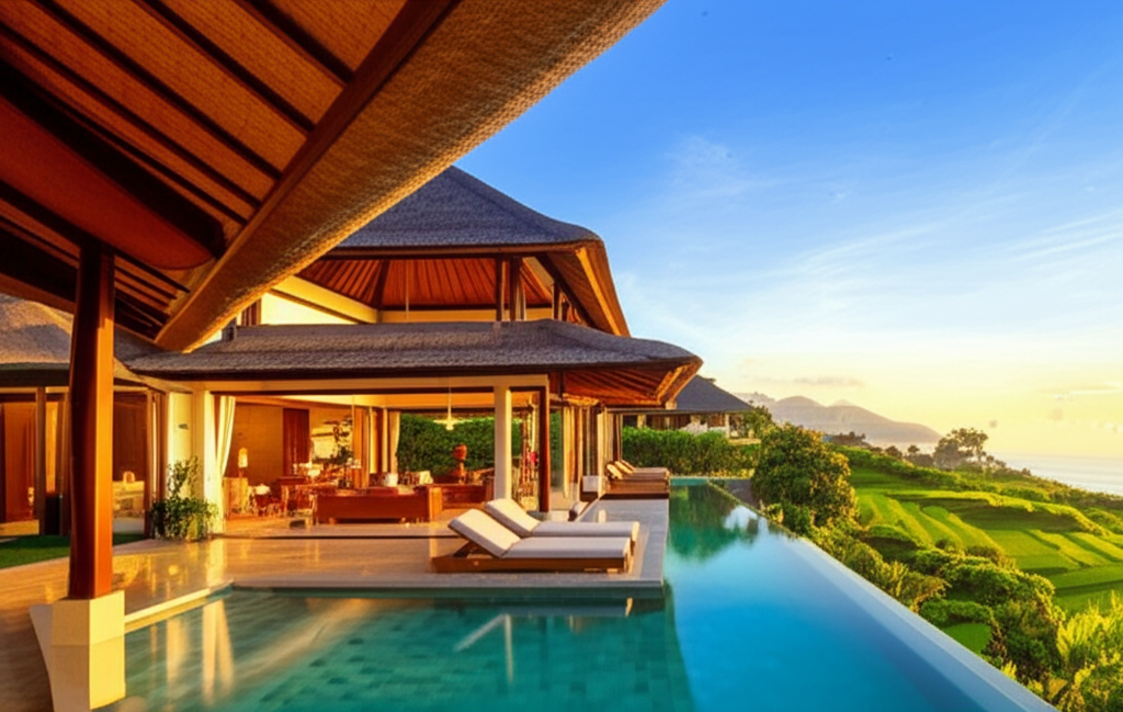 An exquisite modern tropical villa in Bali, showcasing open-plan design, natural materials, a lush garden, and an infinity pool, against a scenic backdrop of rice terraces or ocean at sunset. The image highlights luxury, tranquility, and harmonious Balinese architecture.