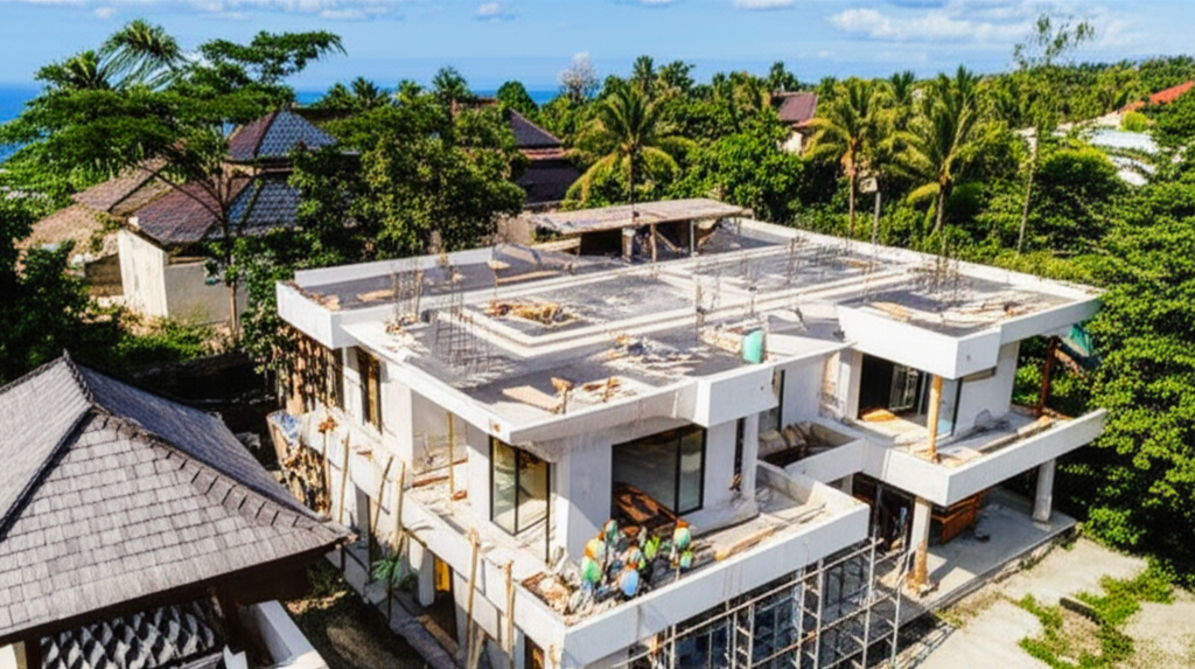 A stunning aerial view of a contemporary villa under construction in Bali, harmoniously integrated with the surrounding tropical landscape. The image highlights a blend of modern design and traditional Balinese elements, symbolizing comprehensive architectural and construction solutions in a natural setting. It represents the expertise of a full spectrum contractor in Bali.