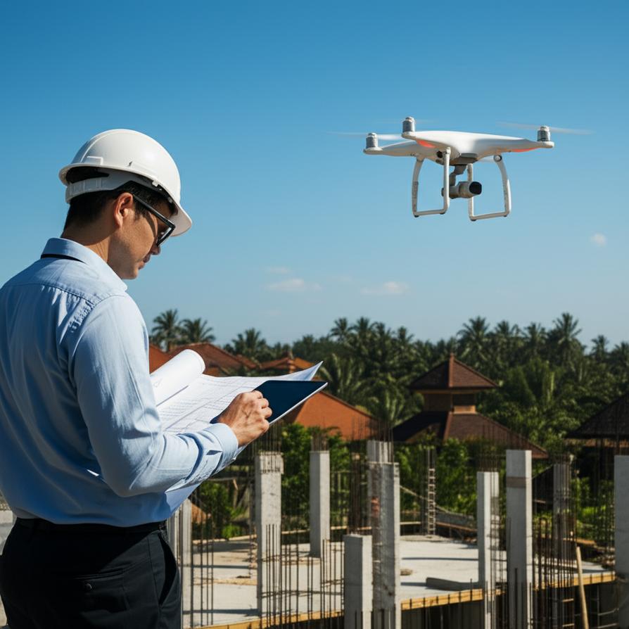 A project manager overseeing a modern construction site in Bali, blending contemporary building techniques with traditional Balinese design, featuring drones and lush tropical surroundings, symbolizing efficient and culturally integrated construction.