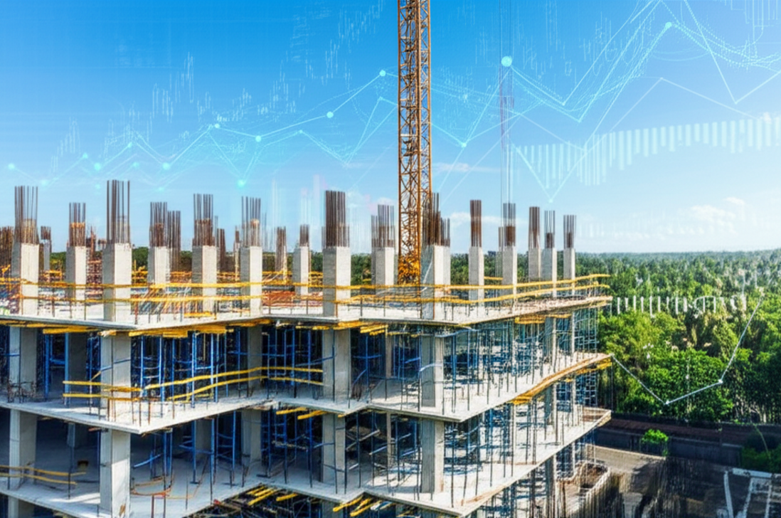 High-angle view of a modern construction project in Bali, with cranes and unfinished structures. The background shows lush green tropical trees and clear blue skies. Subtle elements of financial graphs and legal documents are overlaid, symbolizing rigorous construction audit services and financial oversight in the Balinese building sector.