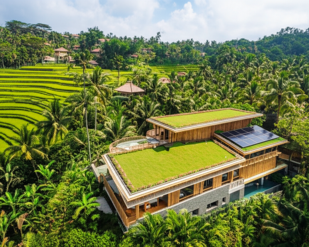 A modern, eco-friendly villa in Bali with bamboo and natural stone, nestled in a tropical landscape with green roofs and solar panels, representing innovative construction.