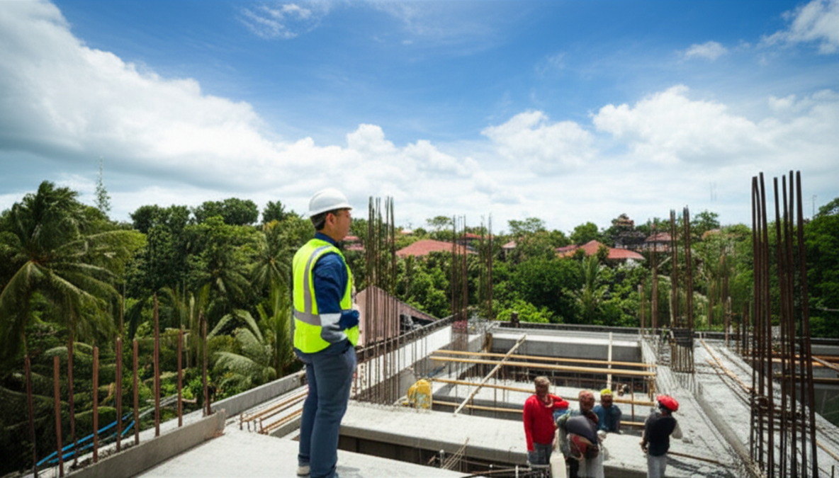 A construction site in Bali, featuring a site contractor overseeing work against a backdrop of lush tropical landscape and traditional Balinese architecture, symbolizing on-site expertise and reliable development in a unique environment.
