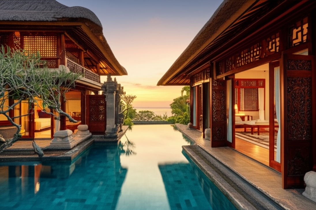 A luxurious high-end villa under construction in Bali, showcasing modern design integrated with traditional Balinese architecture, tropical landscaping, and a scenic ocean view at sunset, symbolizing expert general contracting and bespoke luxury living.