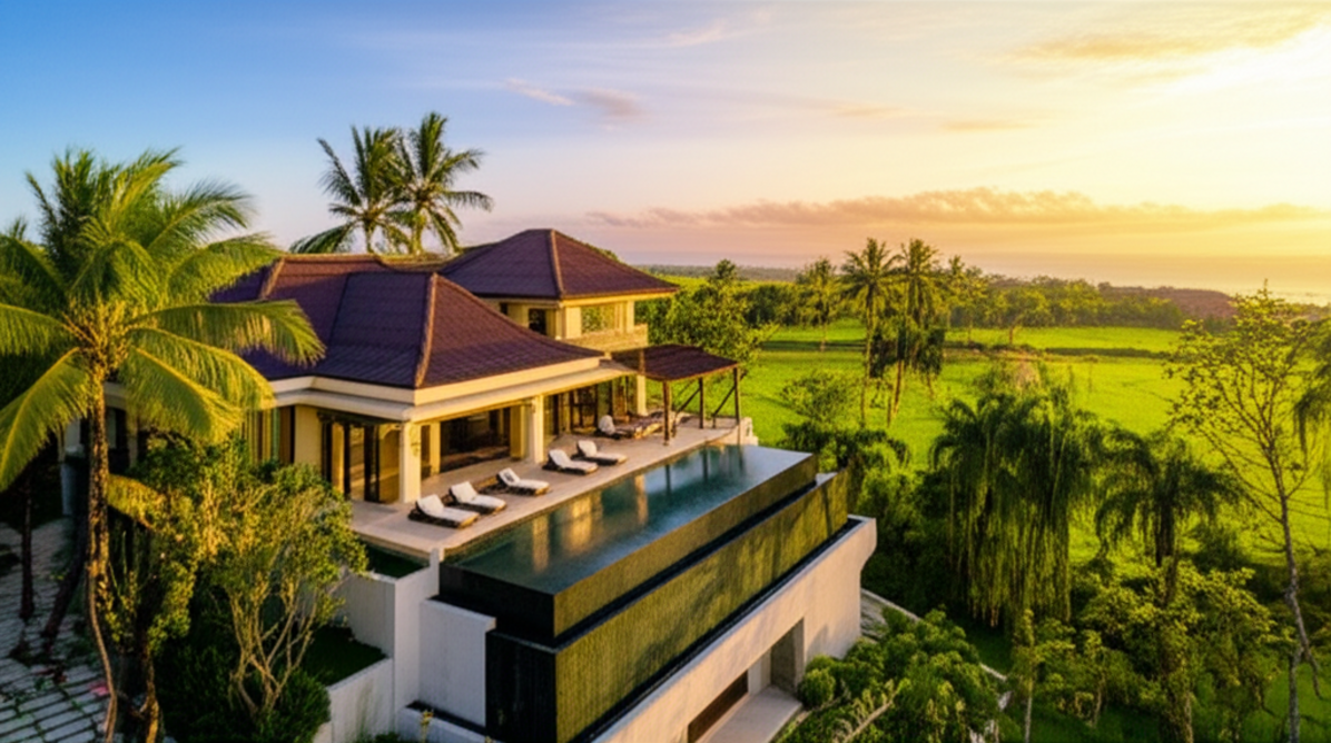 Aerial view of a newly constructed luxury Bali villa with an infinity pool and tropical gardens, reflecting modern and traditional Balinese architecture, under a warm sunset, signifying expert construction from start to finish.
