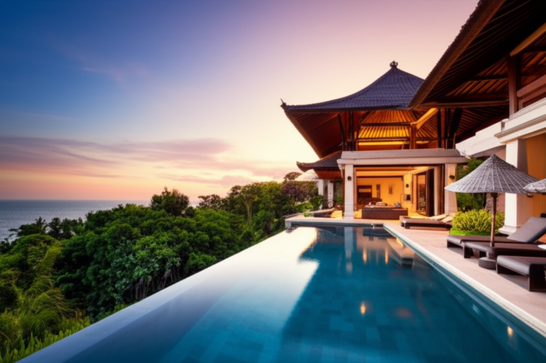 A stunning modern Balinese villa under construction, showcasing the blend of traditional and contemporary architecture with an infinity pool and tropical landscape under a sunset sky.