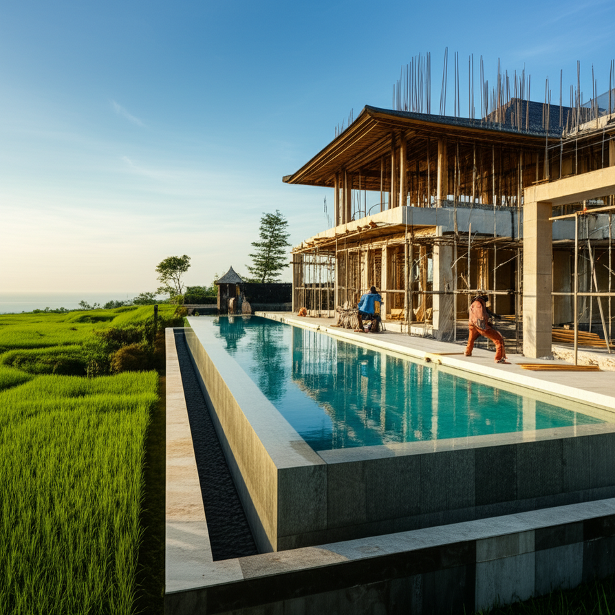 An aerial view of a luxurious, modern Balinese villa under construction, showcasing the blending of contemporary architectural elements with traditional Balinese design in a lush tropical setting, complete with workers, an infinity pool, and vibrant green rice fields or ocean in the background, symbolizing expert villa construction from start to finish.