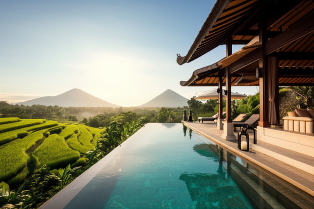 A luxurious modern Balinese villa at sunset, featuring an infinity pool reflecting the sky, surrounded by vibrant green rice terraces and majestic distant volcanoes, showcasing the perfect blend of traditional architecture and tropical living.