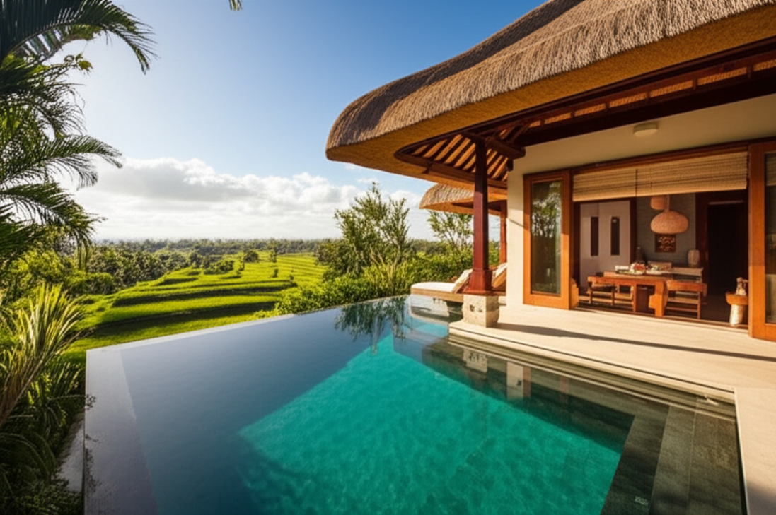 A stunning luxury Bali villa under construction, showcasing a blend of modern design and traditional Balinese architecture, surrounded by lush tropical gardens and an infinity pool, symbolizing expert construction from start to finish.