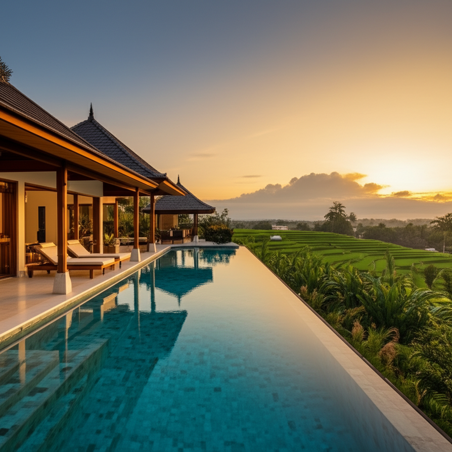 A beautiful new Bali villa with an infinity pool and tropical garden, representing expert construction and luxury living in Bali.