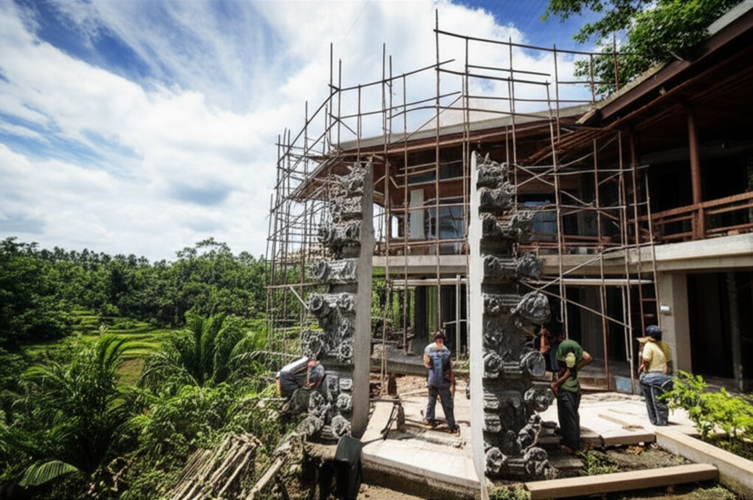 Image depicting a modern Balinese villa under active construction, featuring a traditional carved stone gate. Lush tropical greenery and rice paddies are in the background. Construction workers are present, signifying 'Expert Construction' for a 'Bali Villa'.