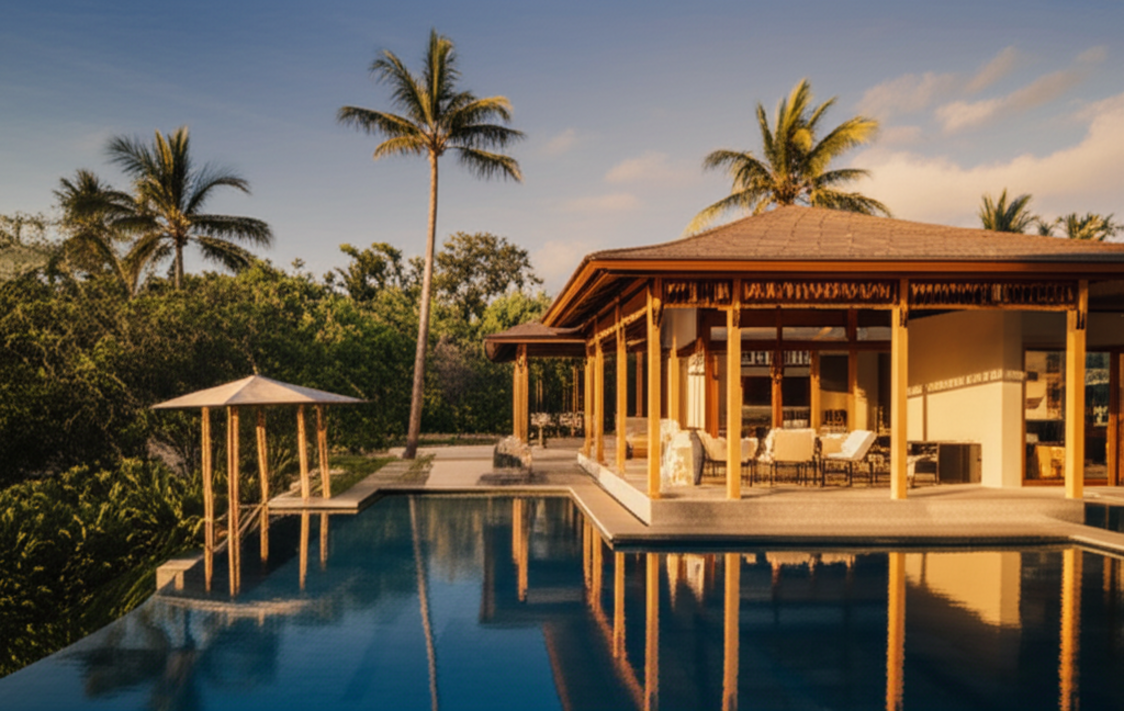 Architectural rendering of a luxurious Bali villa under construction, showcasing a blend of traditional Balinese design with modern amenities, set against a backdrop of lush tropical gardens and a serene sunset, symbolizing the start-to-finish process of building a dream home in Bali.