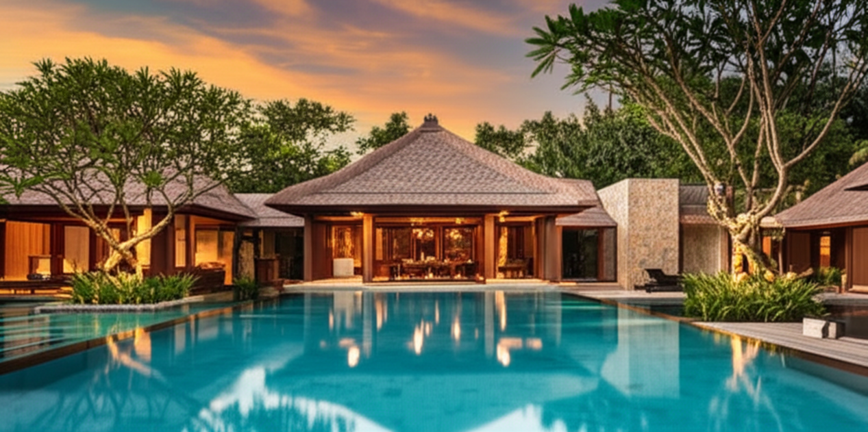 An exquisite modern Balinese villa at sunset, featuring a blend of traditional architecture with contemporary design, natural materials, a large infinity pool, and lush tropical landscaping, symbolizing expert villa construction in Bali.