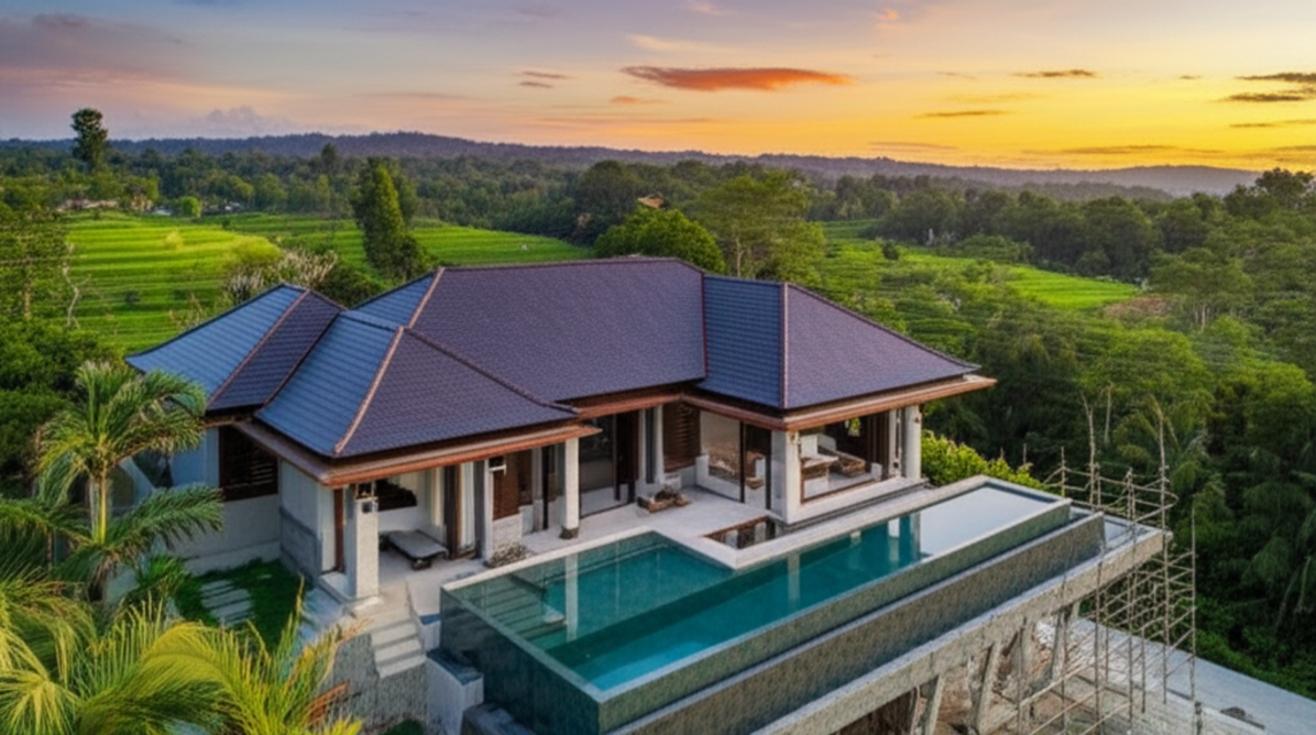 Luxurious Balinese villa under construction, blending modern and traditional architecture, surrounded by tropical greenery at sunset, symbolizing expert villa construction in Bali.