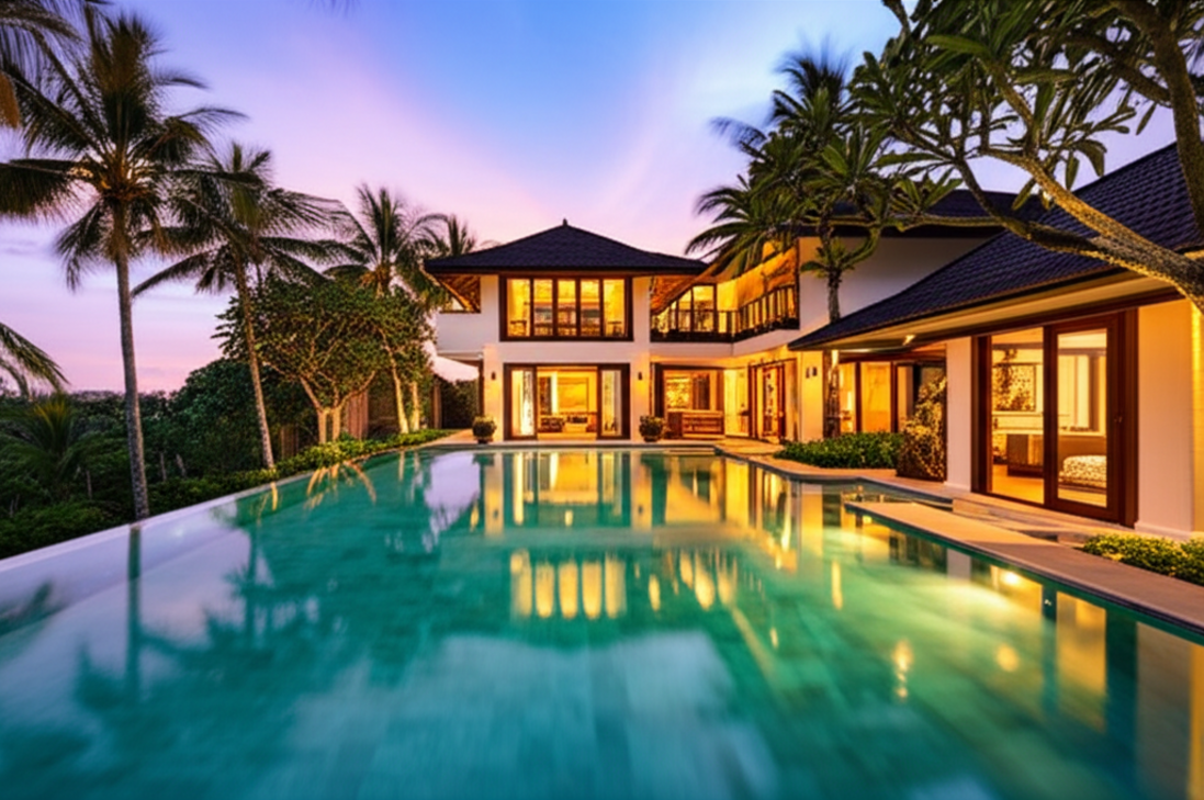 A luxurious modern Balinese villa with an infinity pool overlooking lush tropical gardens at sunset, highlighting expert construction and design for a dream home in Bali.