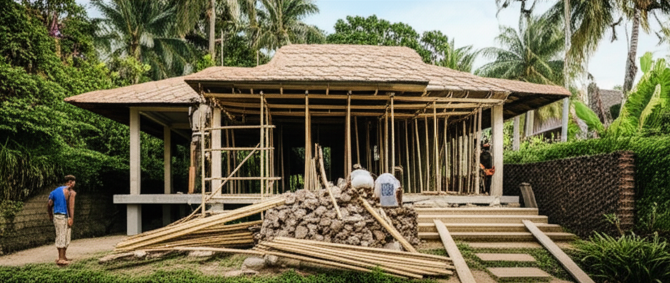 An aerial view of a Balinese-style villa under construction, surrounded by vibrant green rice paddies and tropical trees. Construction workers are visible on site, working with natural materials like wood and stone. The image conveys the expert construction process of a luxurious home in Bali.
