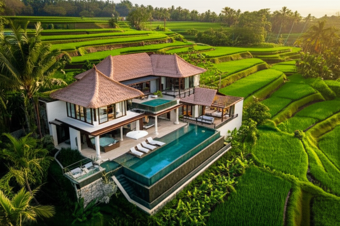 An aerial view of a newly constructed, luxurious Balinese villa, featuring a prominent infinity pool and traditional thatched roofs, surrounded by vibrant green rice fields and tropical trees, under a warm golden hour sky.