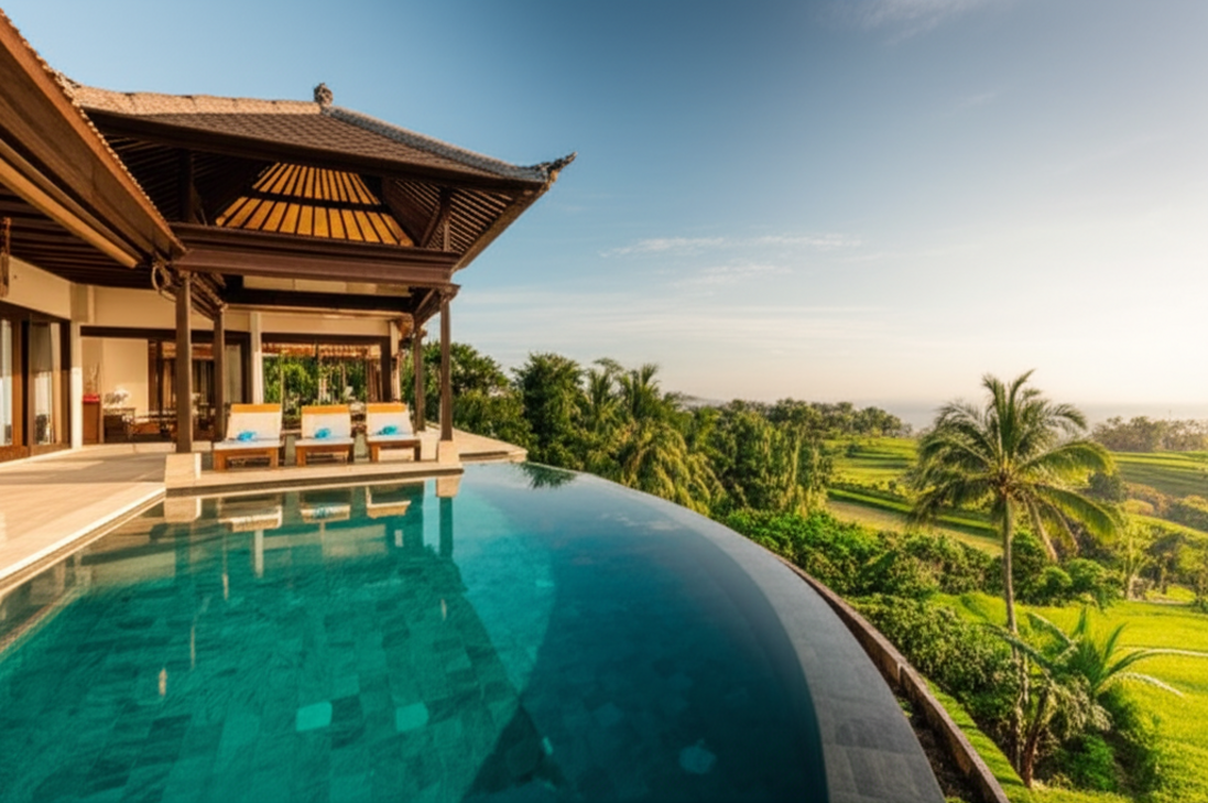 A stunning, newly built luxurious Bali villa featuring traditional Balinese architecture, a sparkling infinity pool overlooking vibrant tropical landscaping, and a serene natural backdrop, symbolizing expert villa construction in Bali.